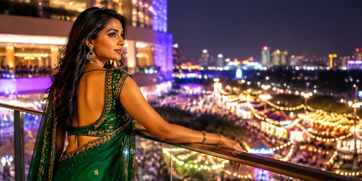 Young woman playing Teen Patti on mobile in Delhi entertainment venue