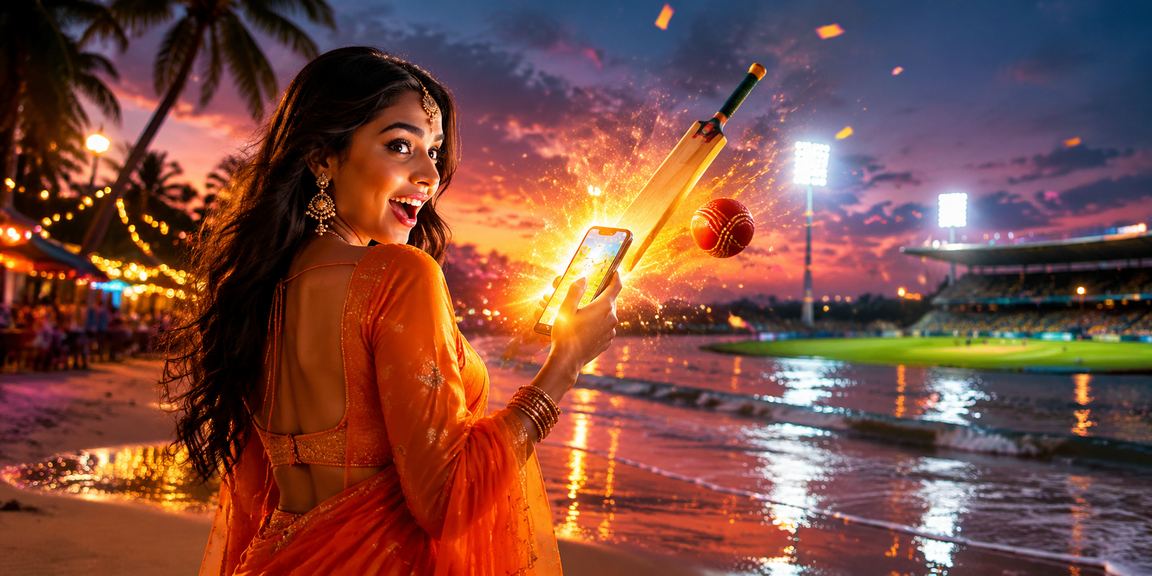 Cricket betting enthusiast relaxing by the beach in Goa with mobile device