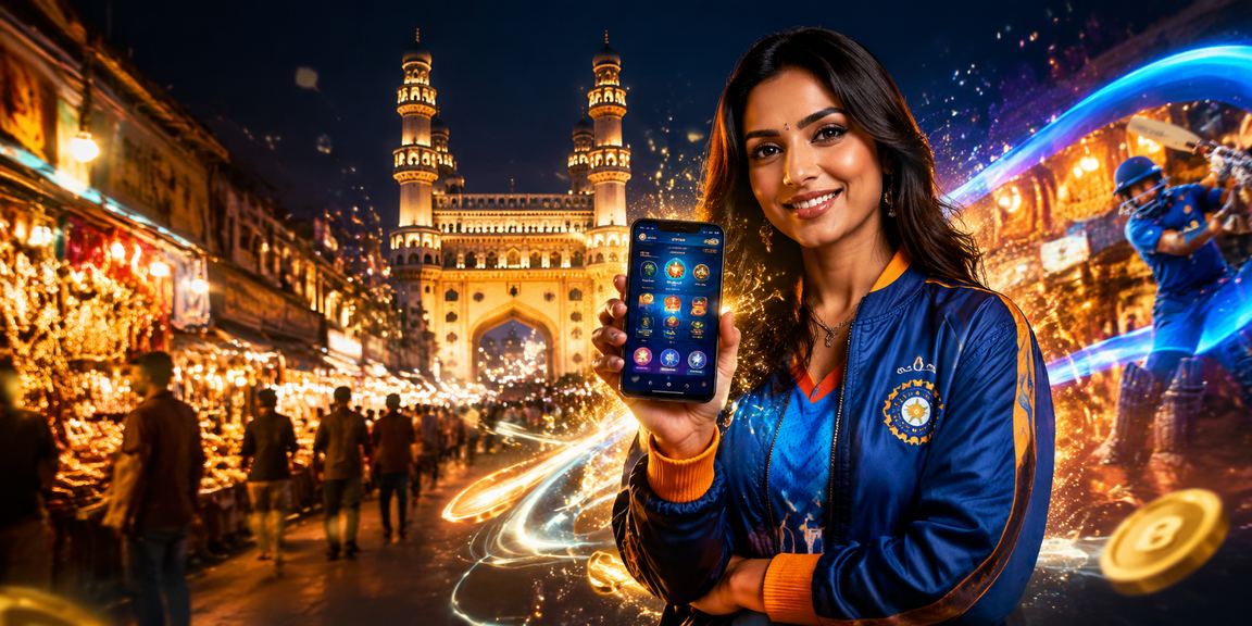 Evening market in Hyderabad with cricket-themed mobile betting