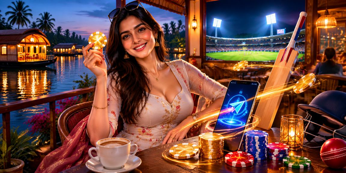 Serene Kerala backwaters with cricket theme promoting responsible gaming